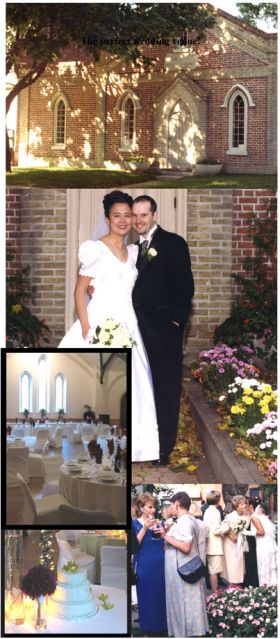Collage showing exterior of the Schoolhouse plus various wedding-related images such as bridal couples, the cake and guests enjoying the festivities