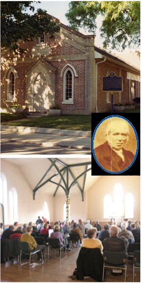Collage illustrating Schoolhouse history including exterior of the Schoolhouse, portrait of Enoch Turner and a talk being held in the West Hall