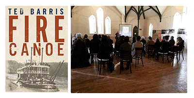 Composite image with cover of Fire Canoe book on left, and crowd attending lecture in West Hall on right